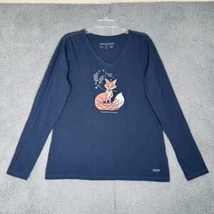 Life Is Good Womens Large Blue Fox Wildlife Is Good V-Neck Long Sleeve Tee